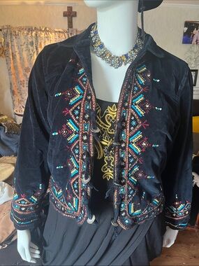 Black Embroidered Velvet Jean Jacket with Multicolor Detailing